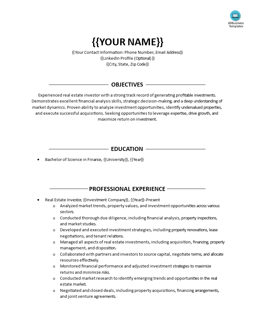 resume for real estate investor voorbeeld afbeelding 