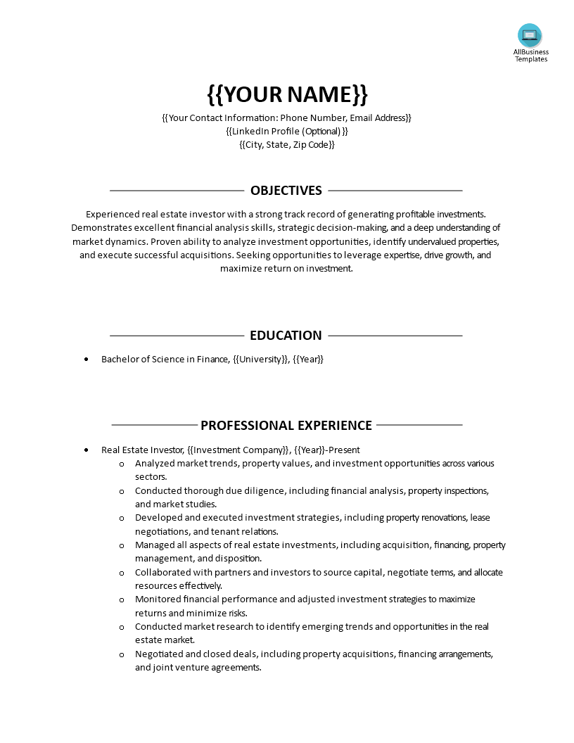 resume for real estate investor modèles