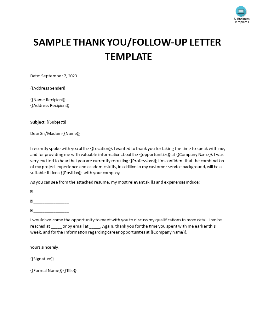 Follow Up Letter For Business 模板