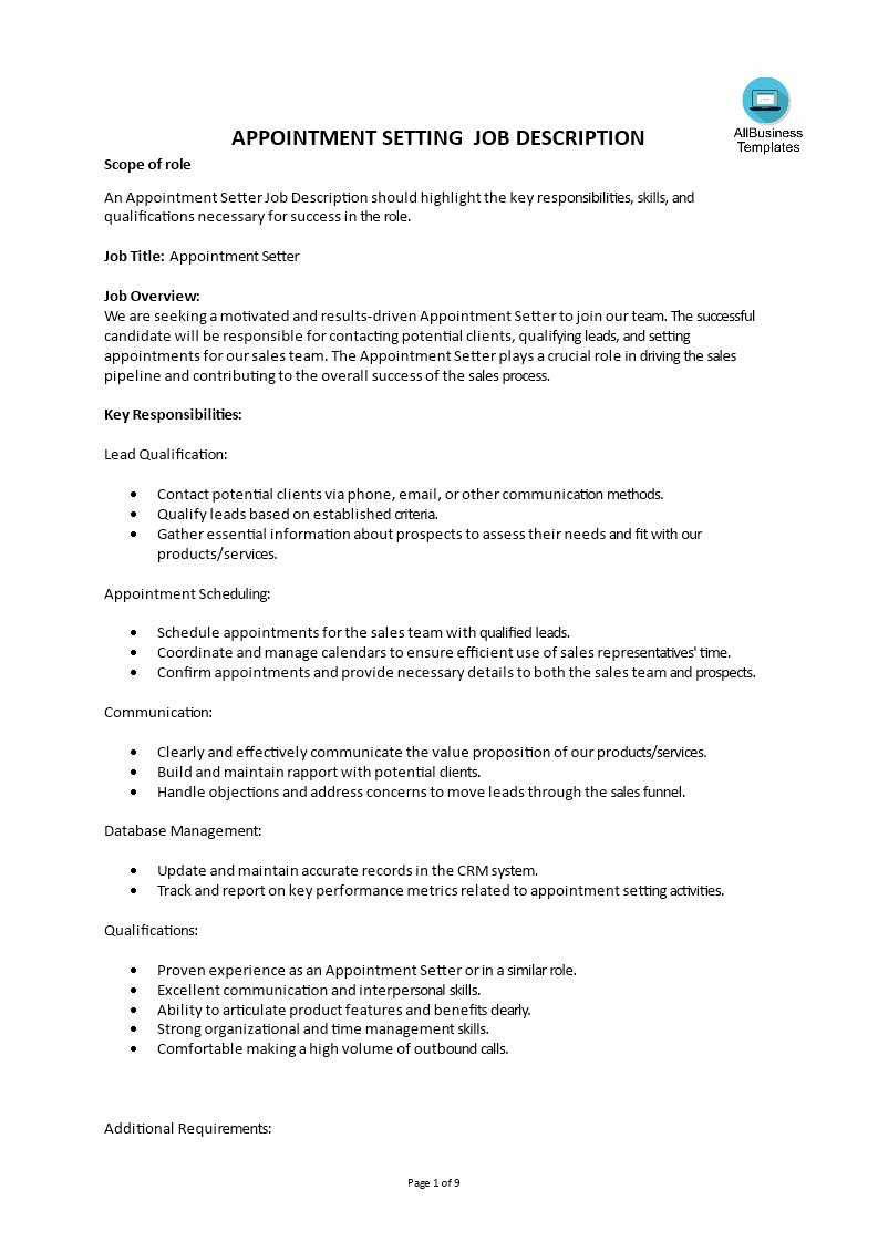 appointment setter job description voorbeeld afbeelding 