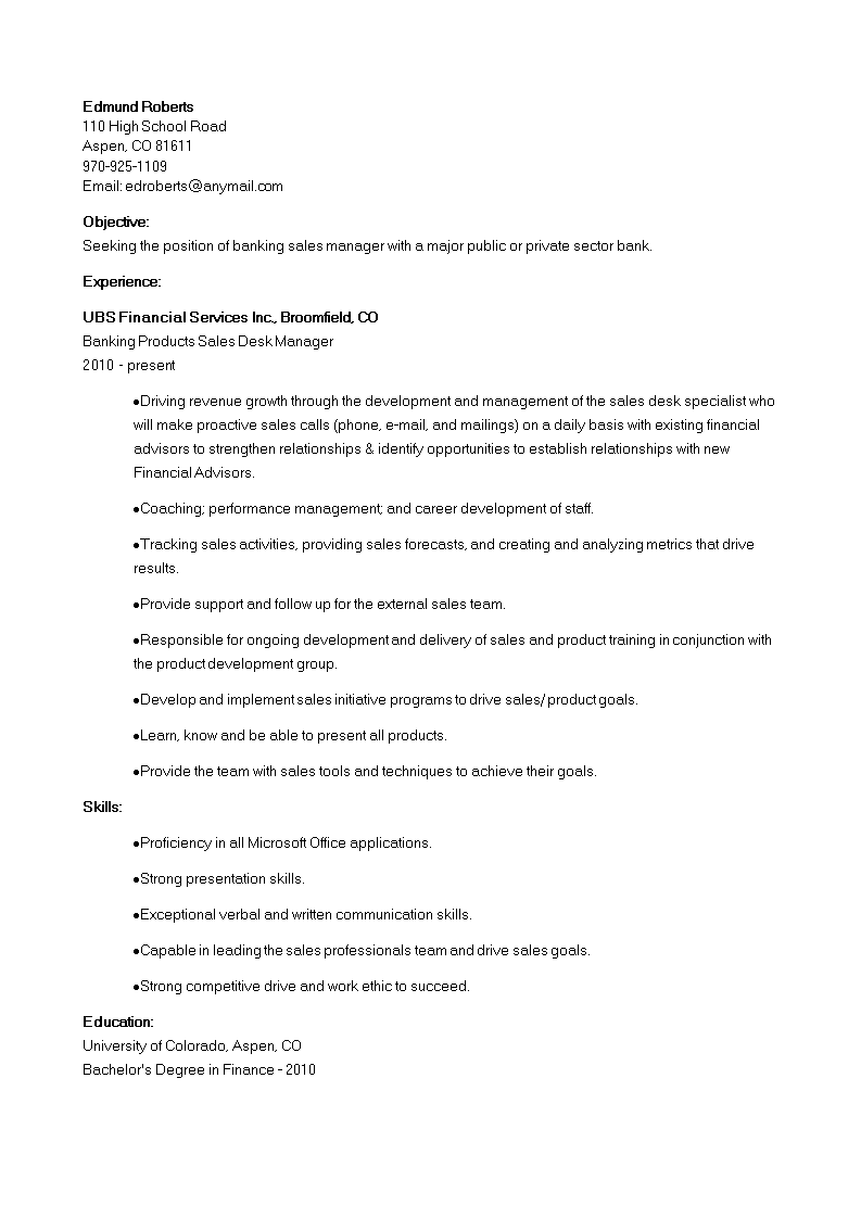banking sales experience resume template