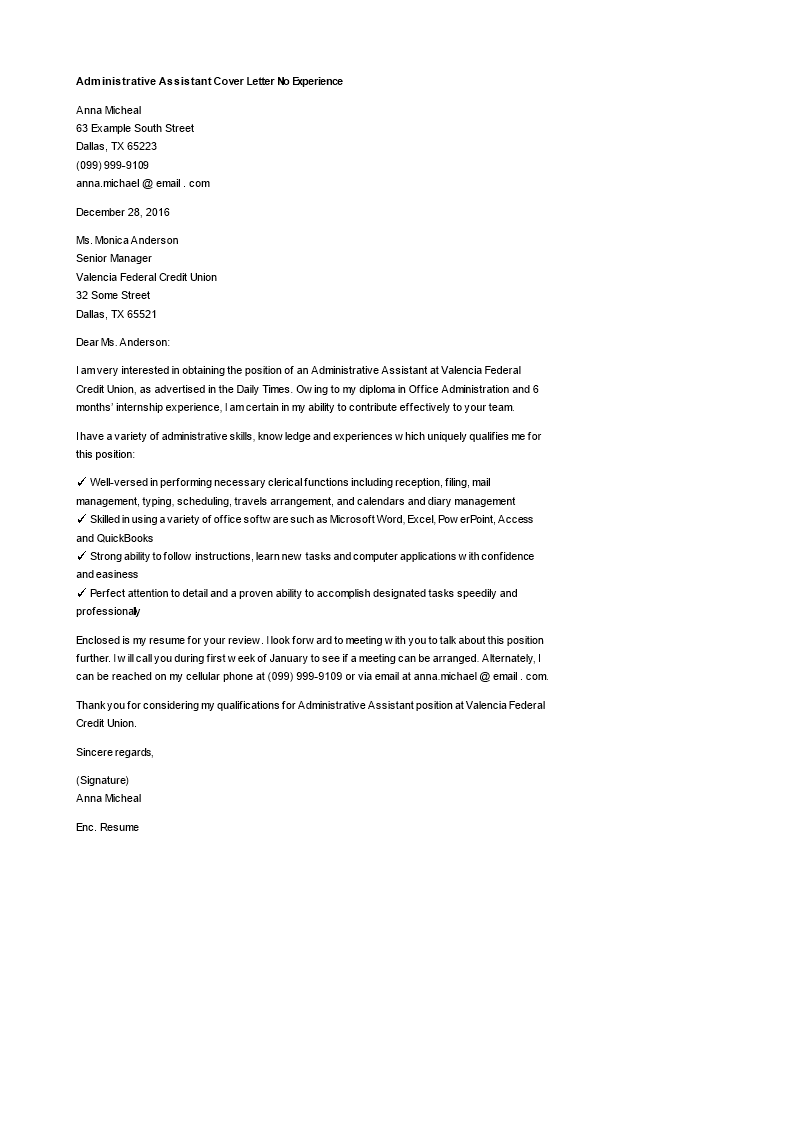 admin cover letter examples no experience