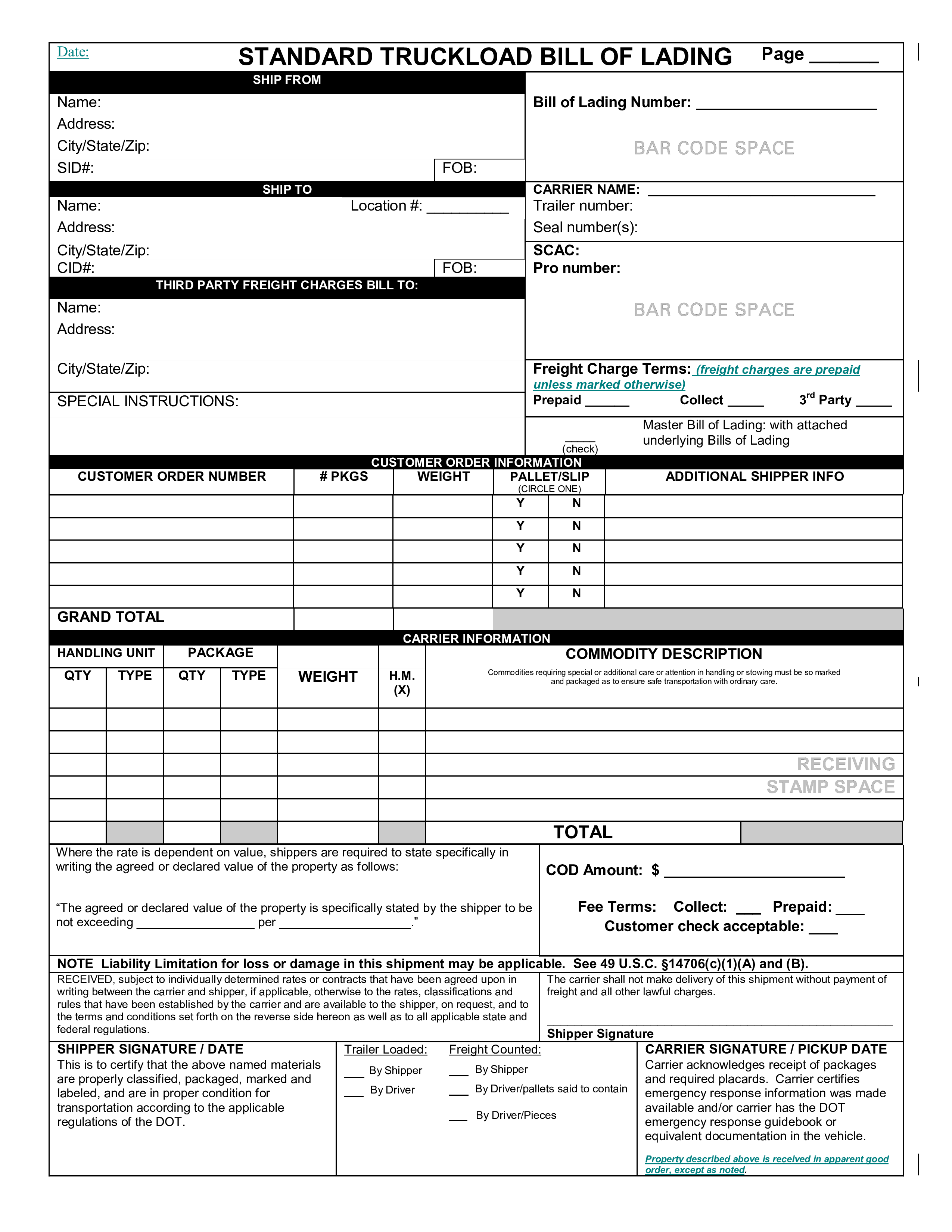  Bill Of Lading Front Allbusinesstemplates
