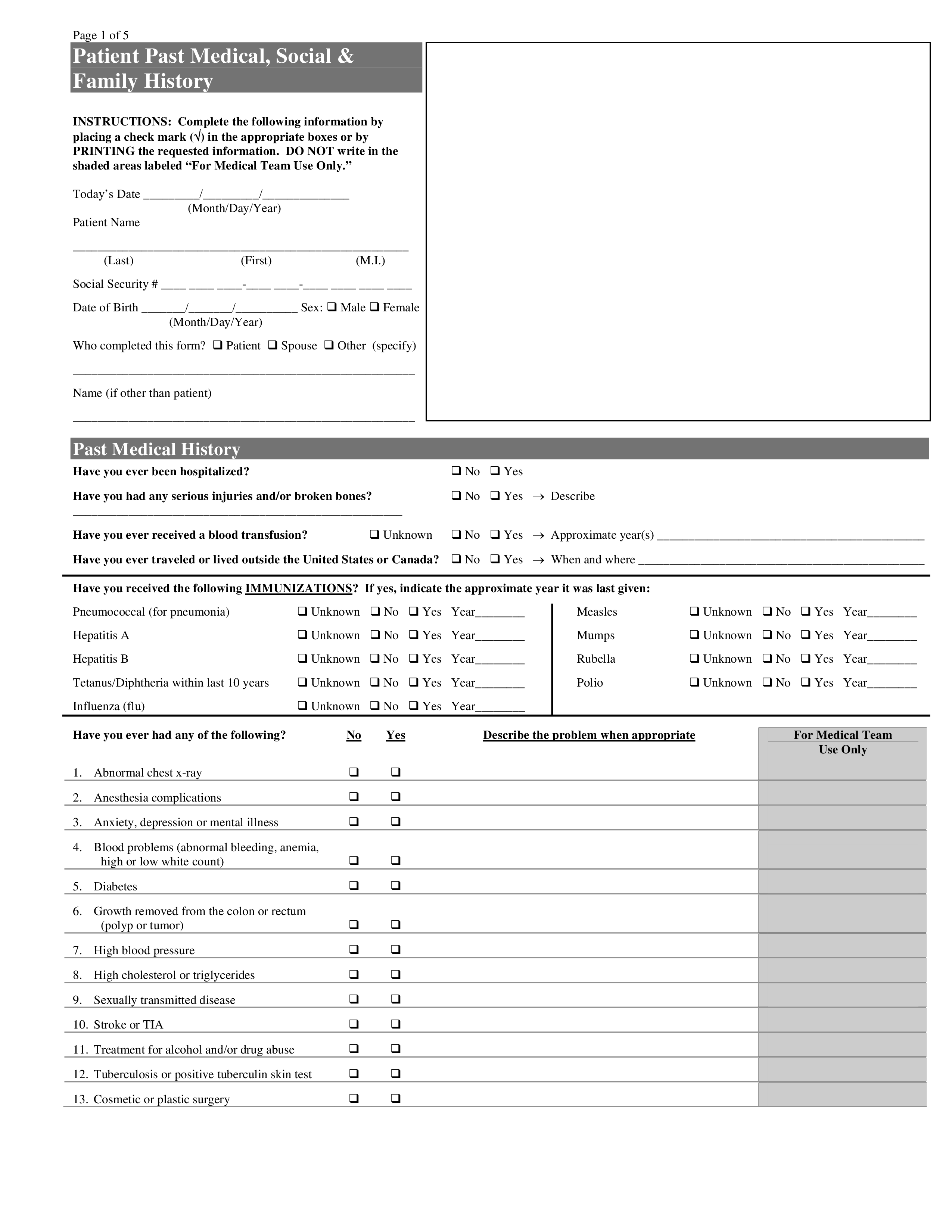 past medical history form template