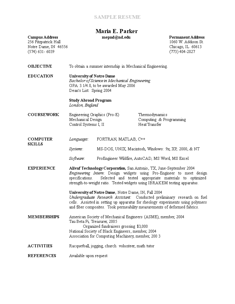 sample resume for internship Hauptschablonenbild