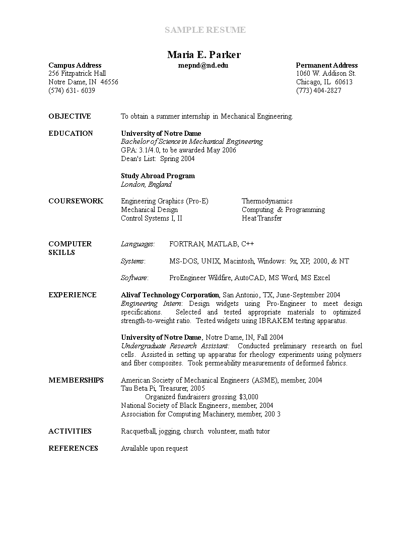 sample resume for internship modèles