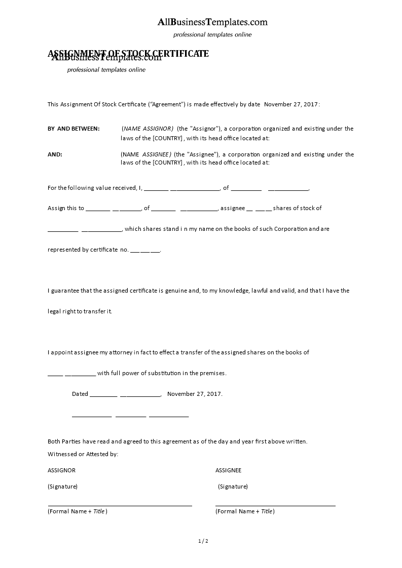 assignment of stock certificate modèles