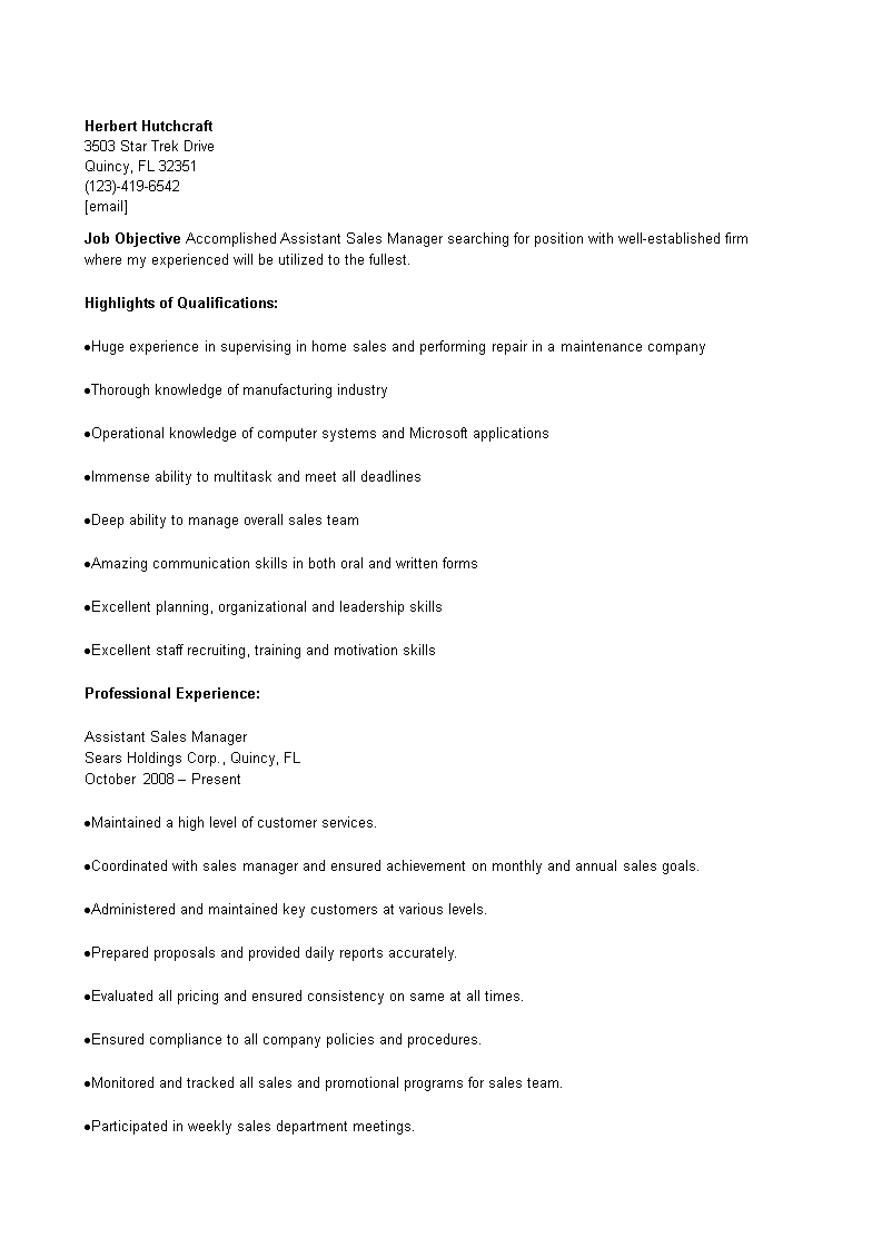 sales assistant manager cv template