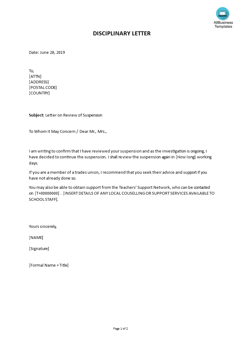 disciplinary letter on review of suspension Hauptschablonenbild