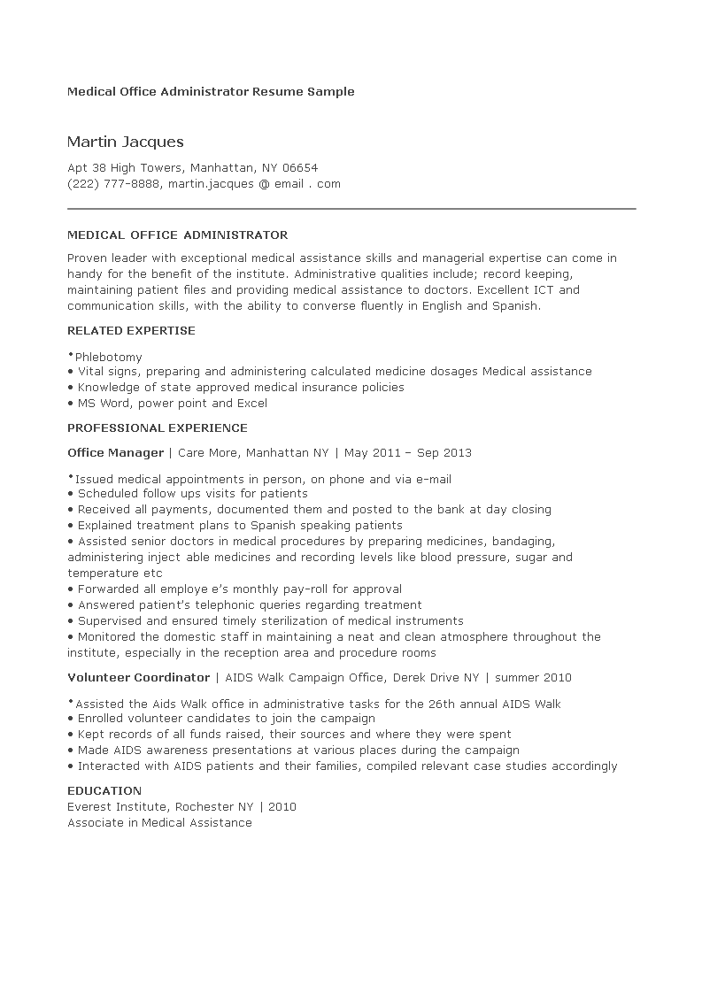 medical office administrator resume sample modèles