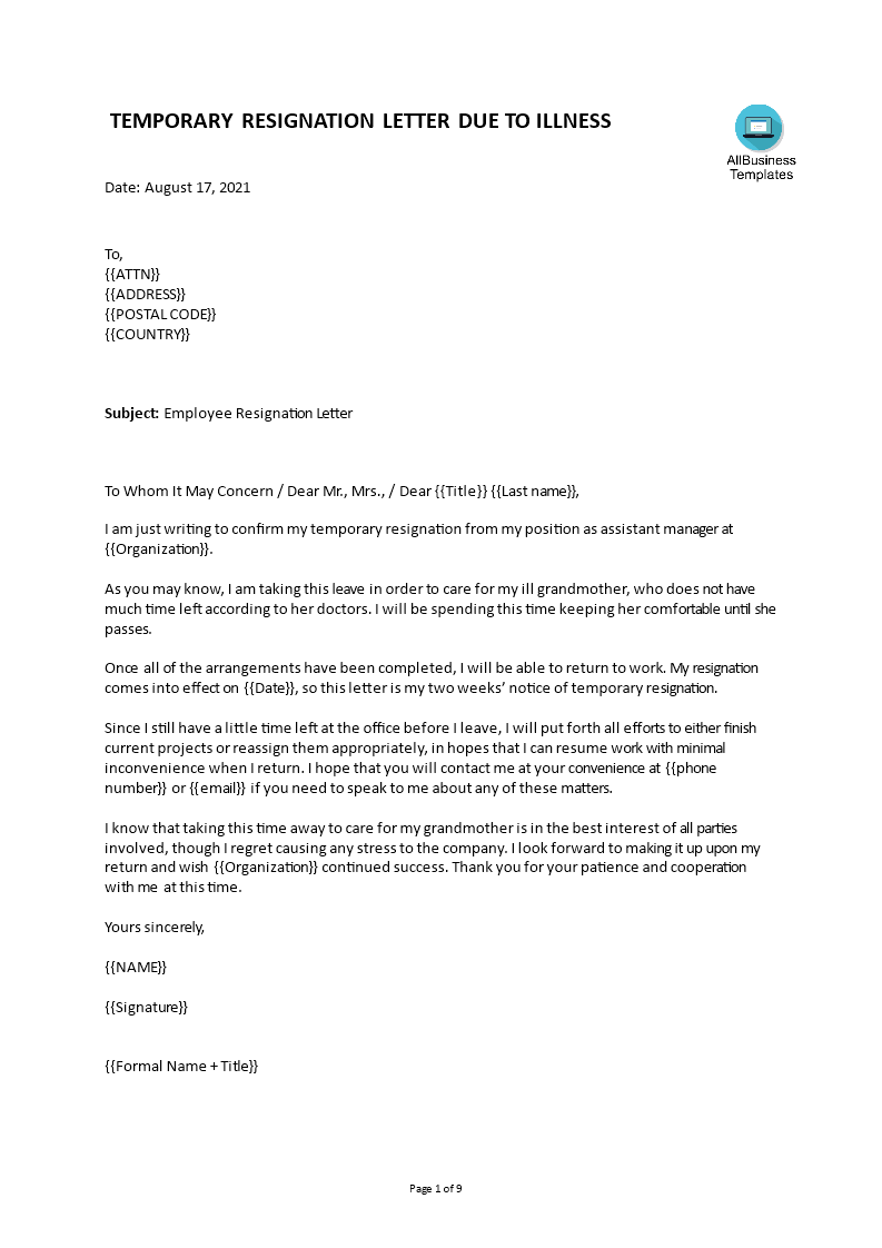 sample temporary resignation letter template