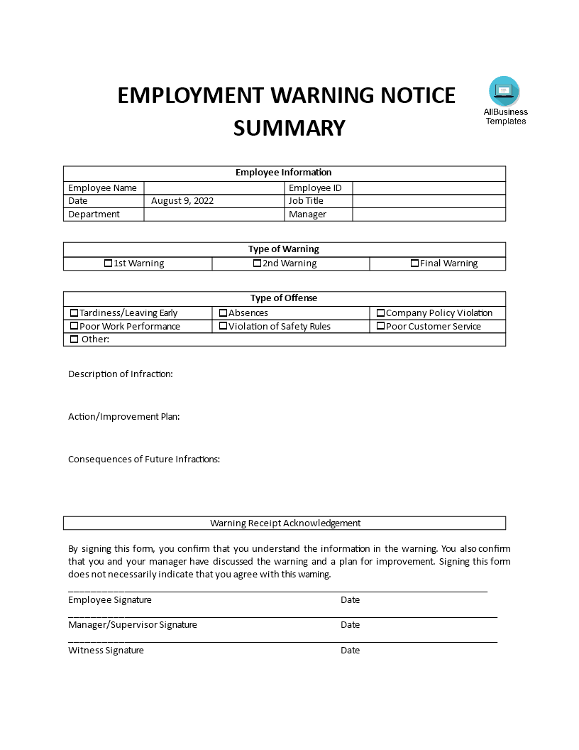 warning form notice summary modèles