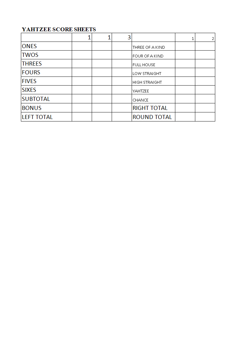 yahtzee scorecard sheets template