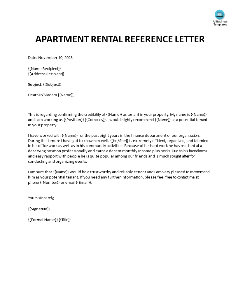 Apartment Rental Reference Letter  Templates at