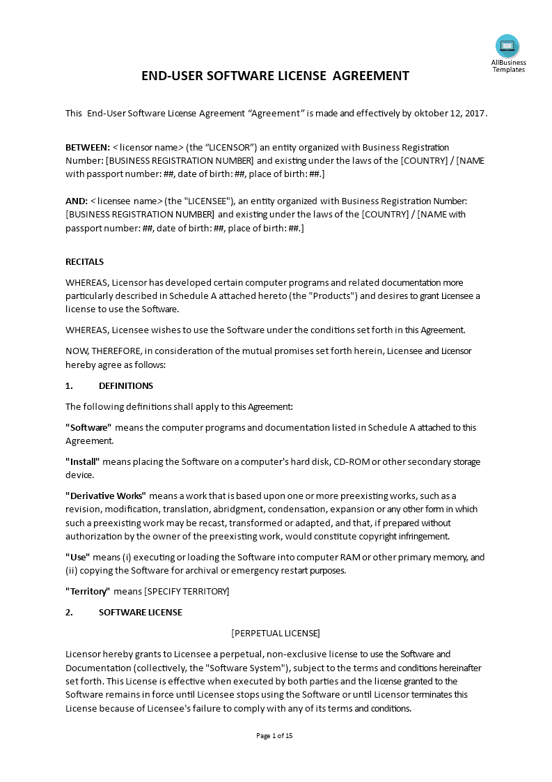 end user software licensing agreement template