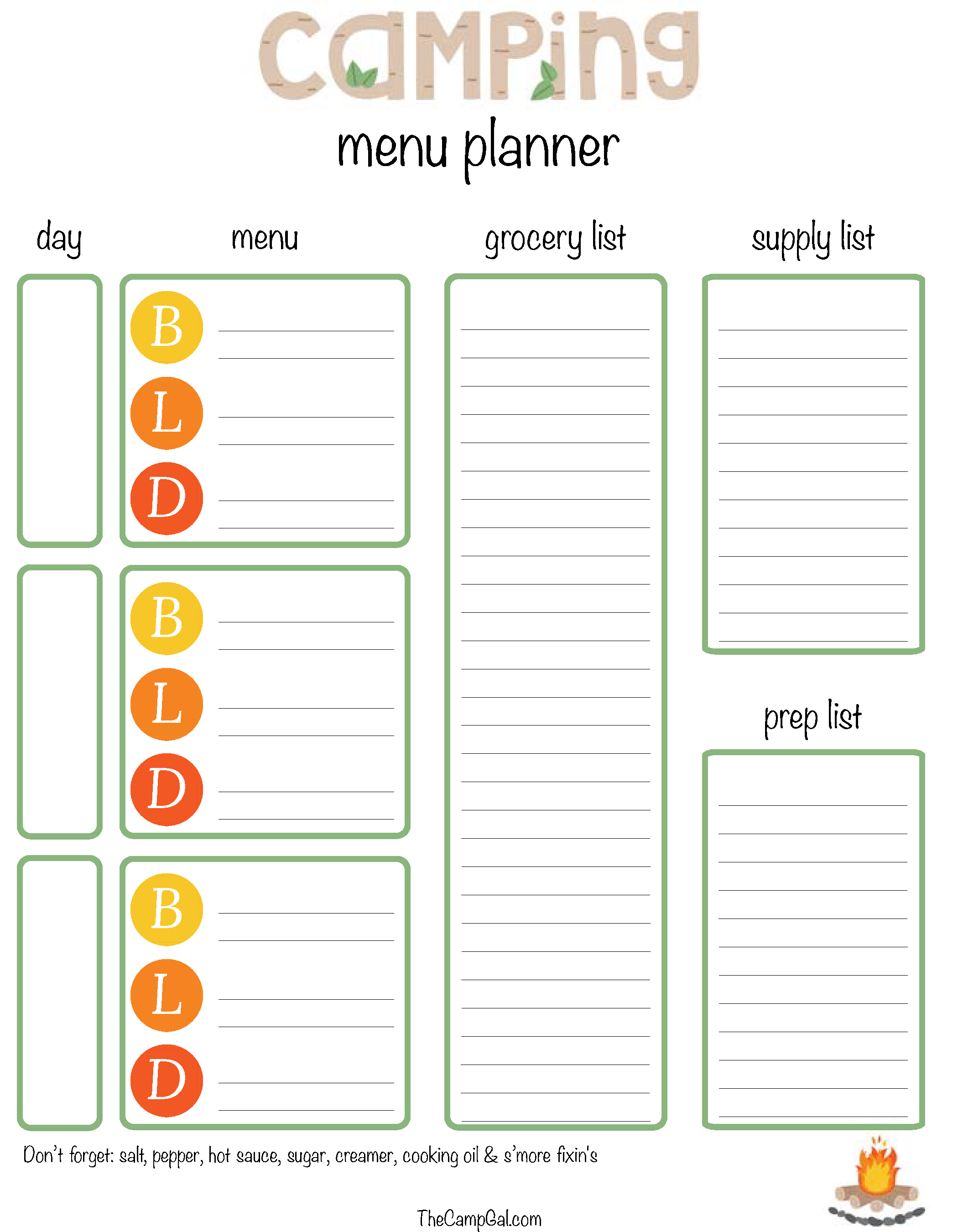 camping maaltijd plan template