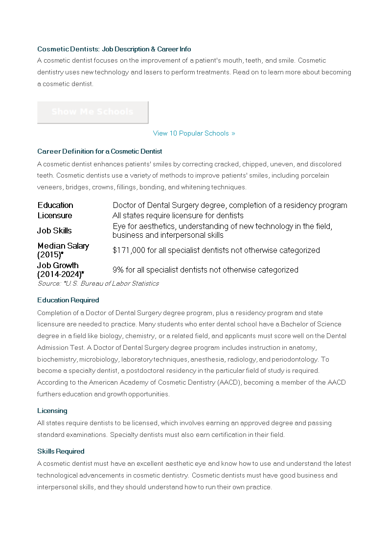 cosmetic dentist job description template