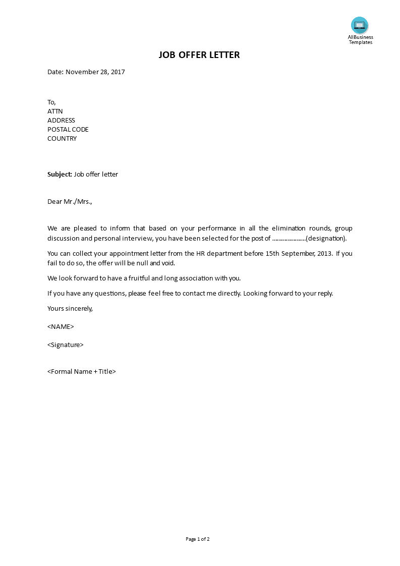 job offer letter sample Hauptschablonenbild