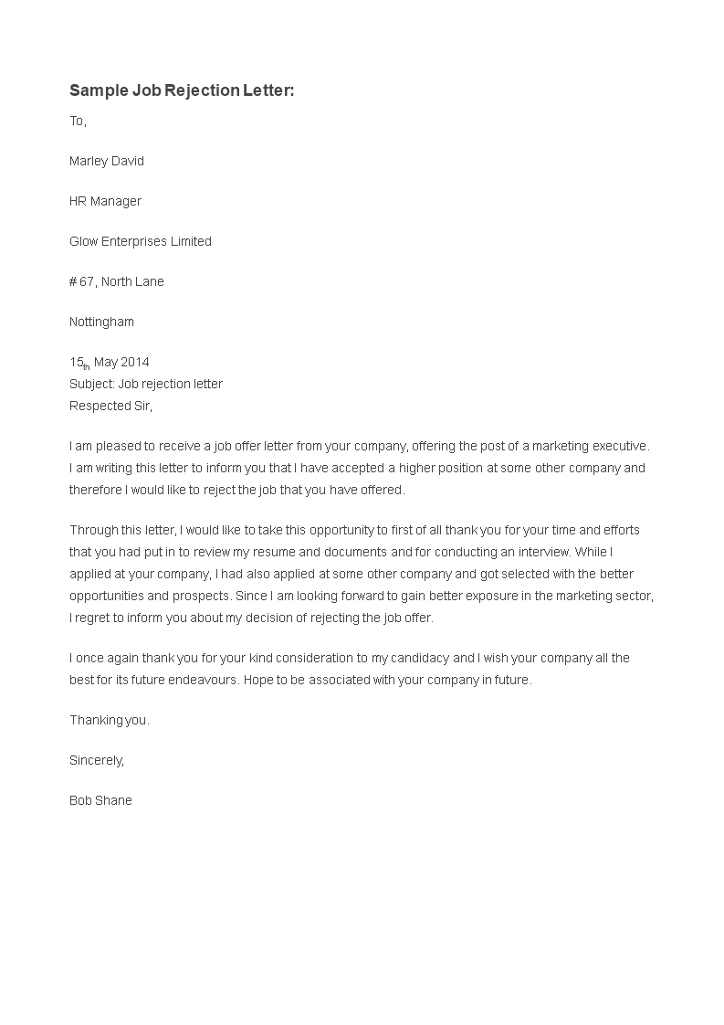 rejection letter for job application template