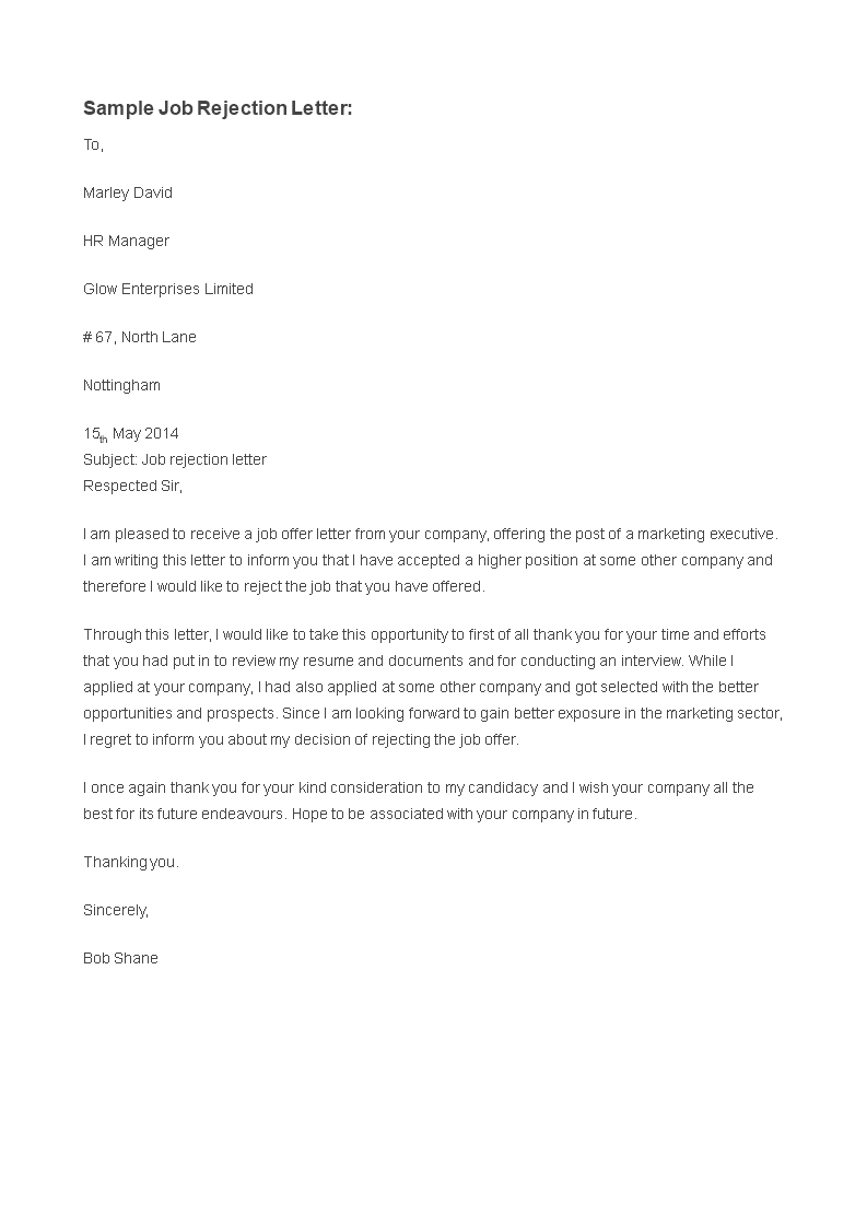 Kostenloses Rejection Letter for Job application