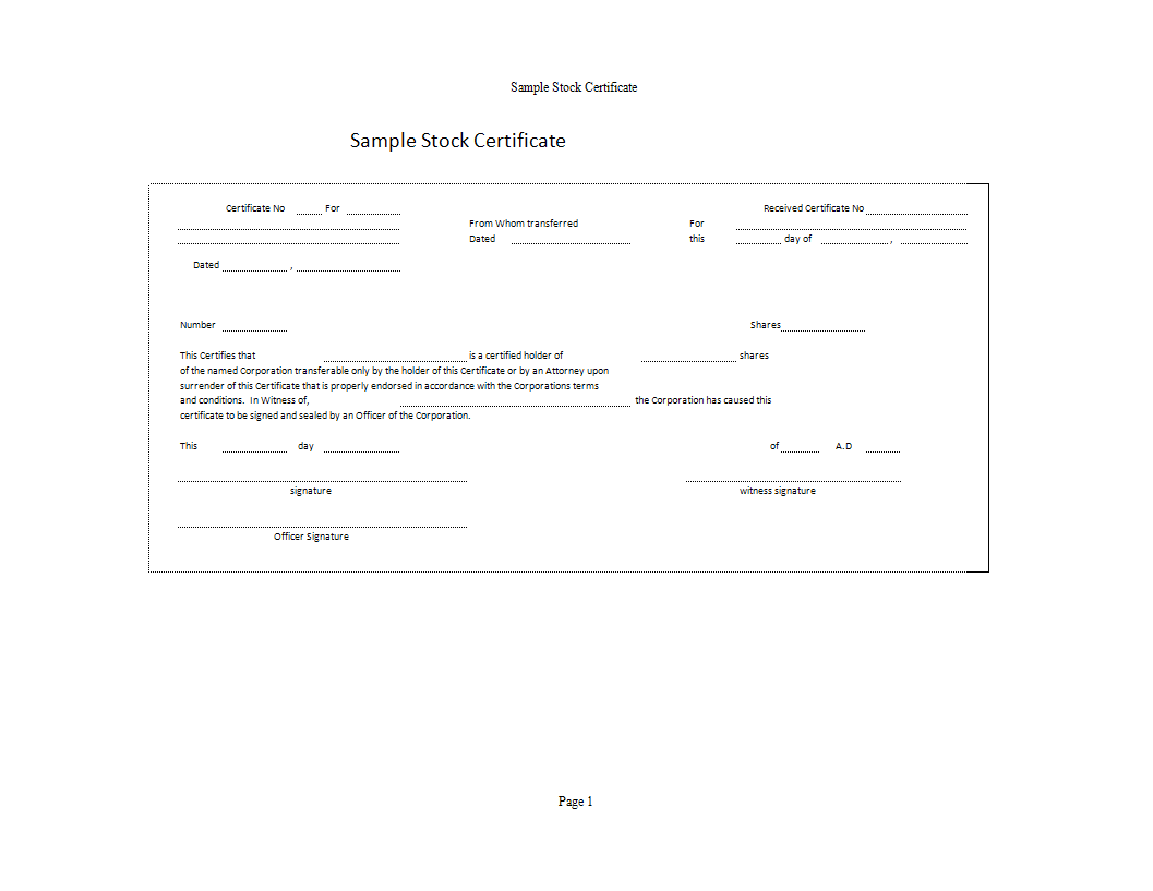 stock certificate template example template