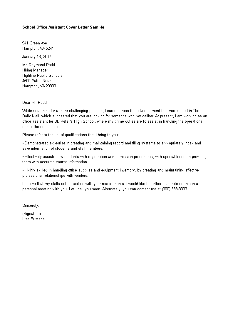 school office assistant cover letter template