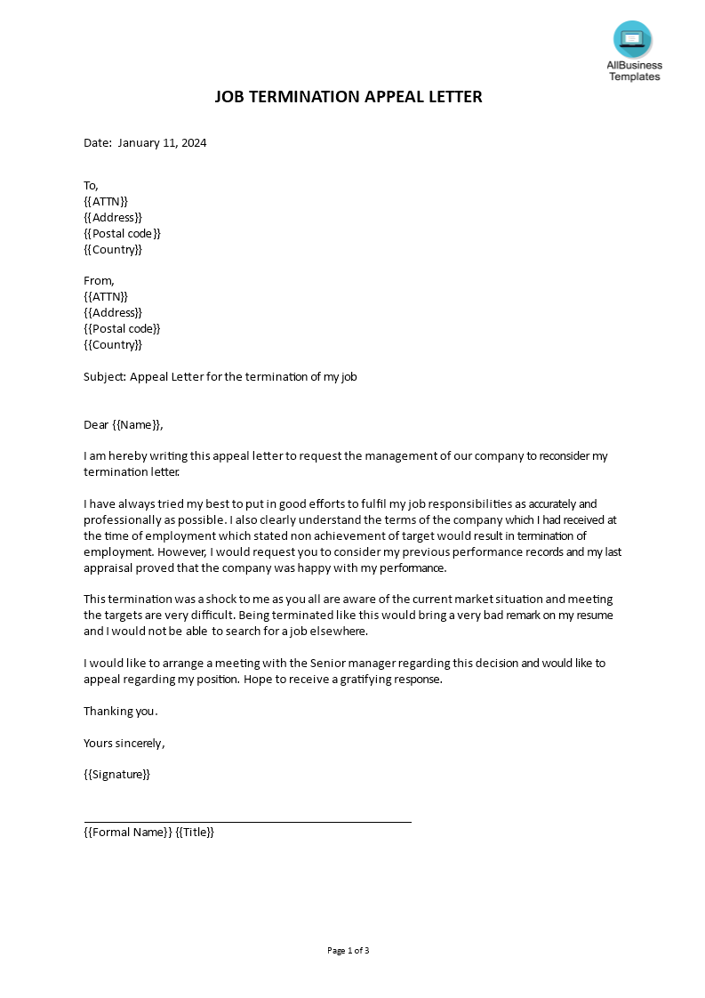 job termination appeal letter template