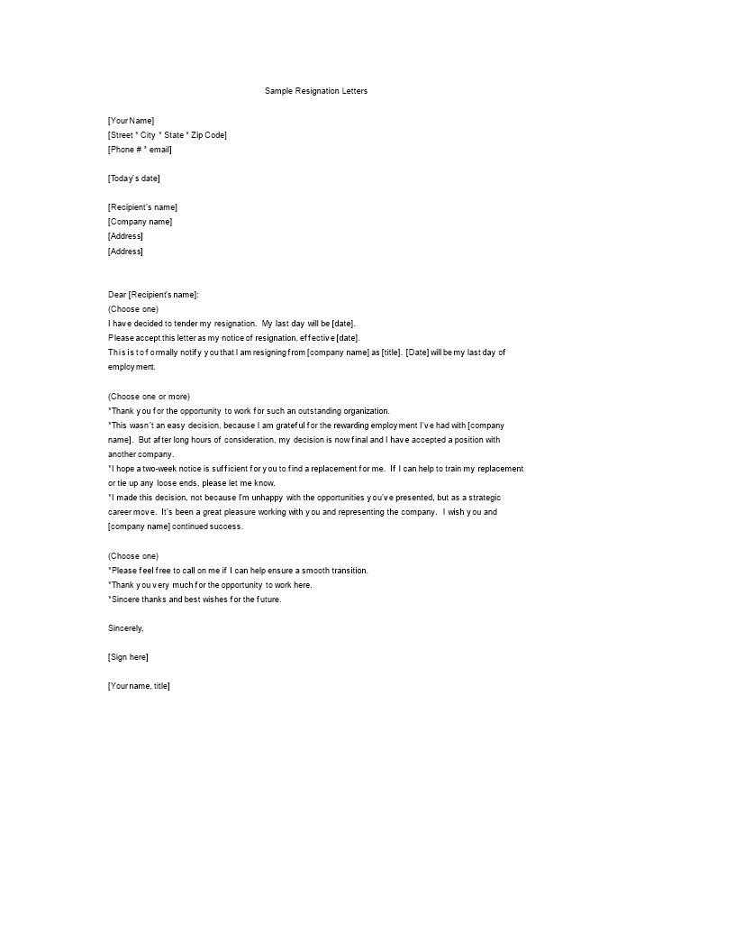 employee resignation letter in template