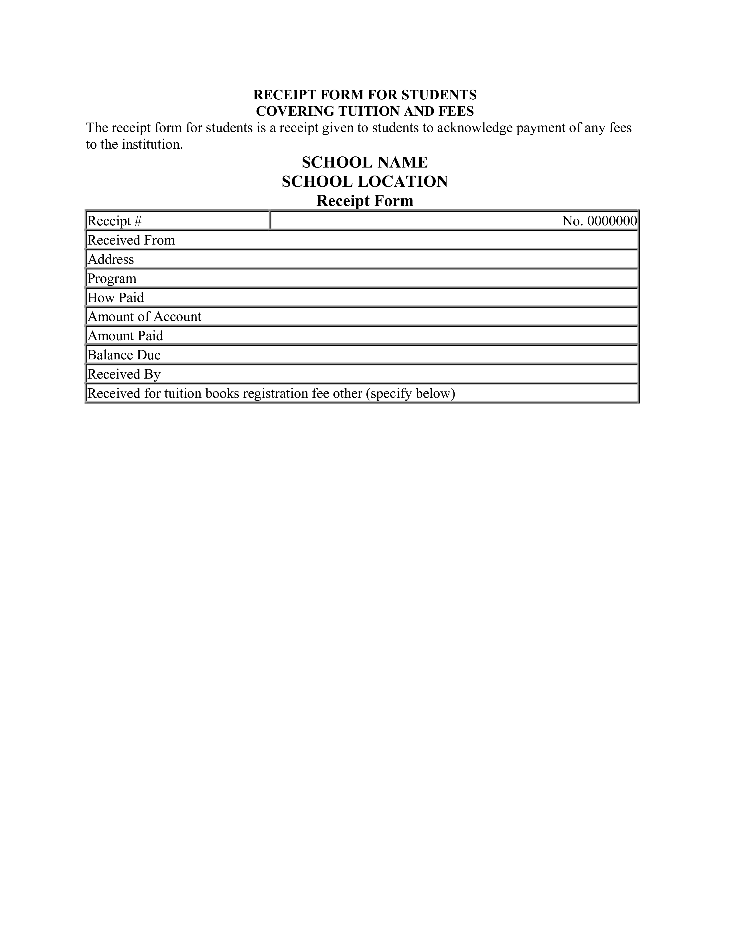 school tuition receipt plantilla imagen principal