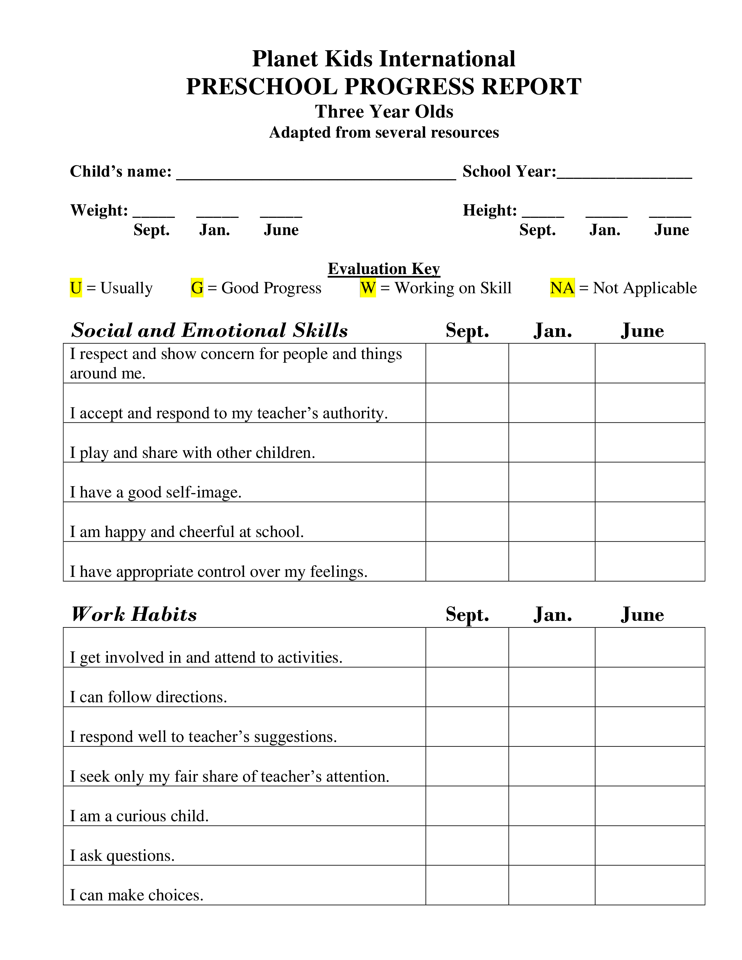 preschool progress report template