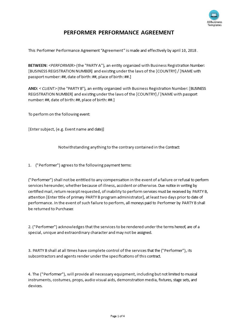 performer performance agreement template