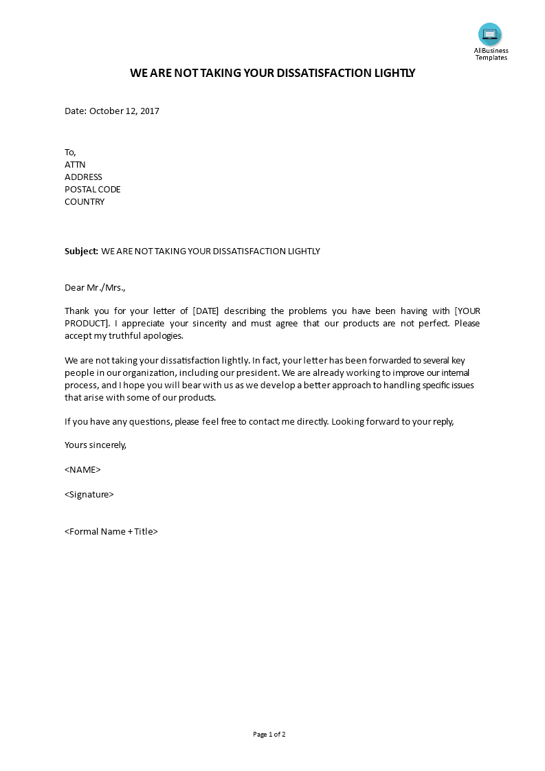 complaint reply - we are not taking your dissatisfaction lightly voorbeeld afbeelding 