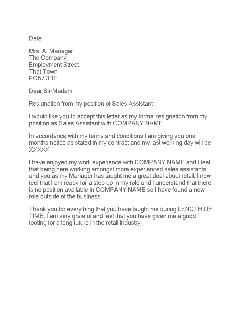 retail assistant resignation letter modèles