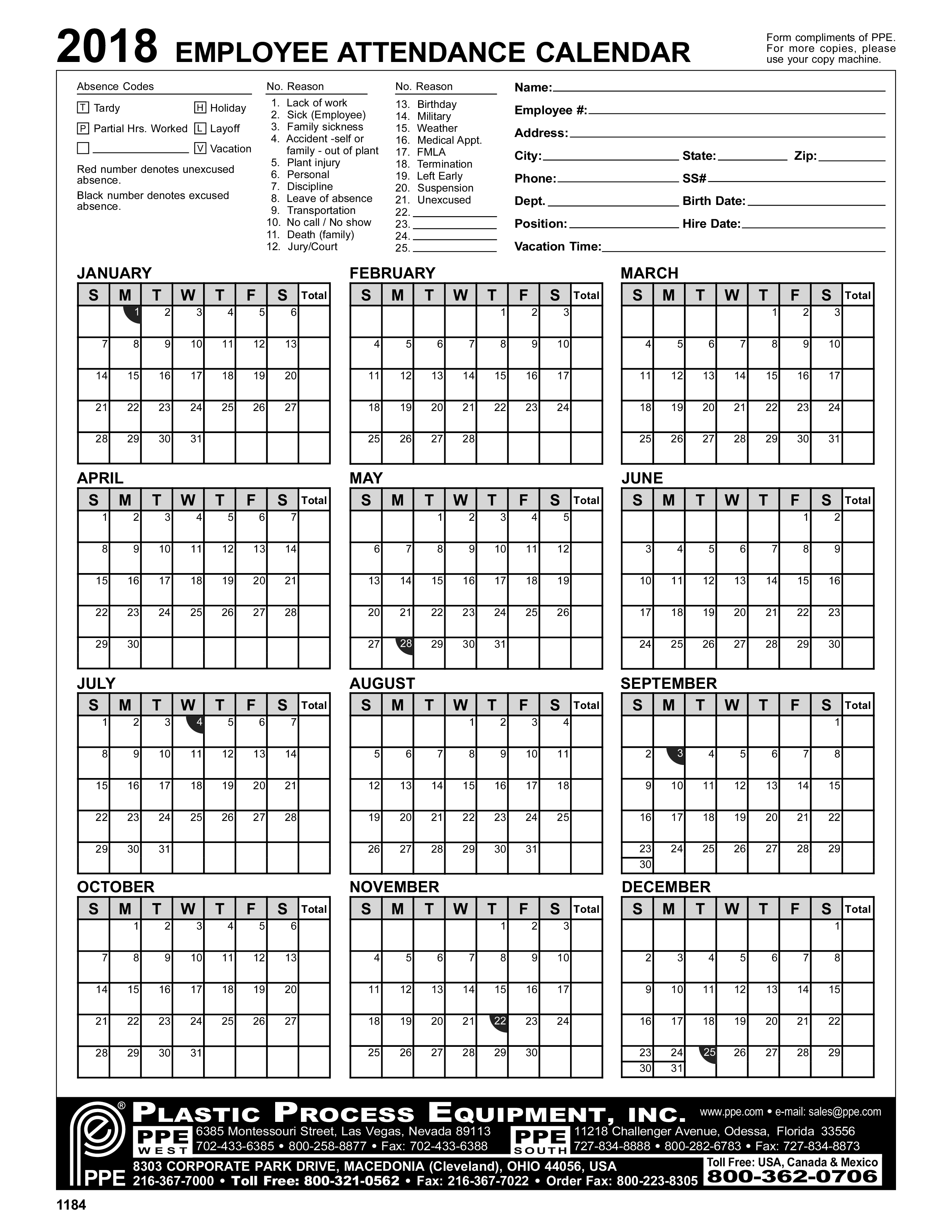 Employee Attendance Calendar 模板