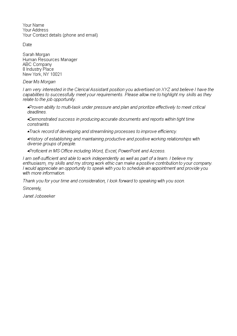 assistant clerical cover letter template