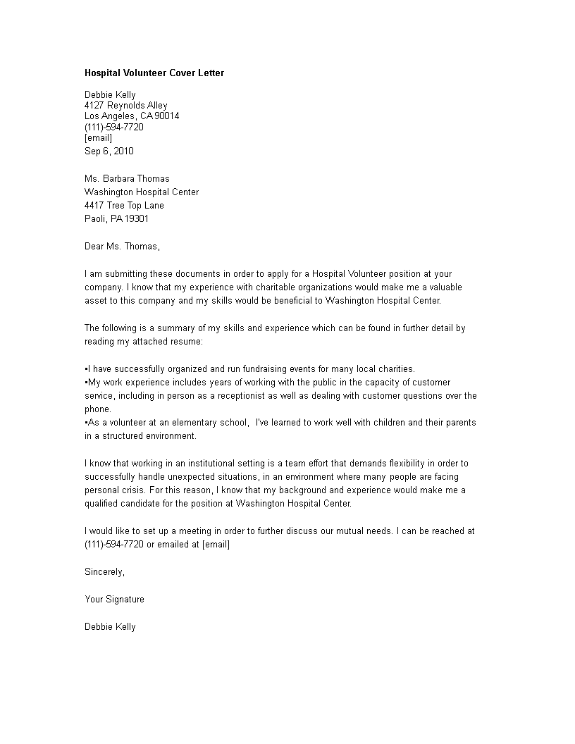 Volunteer Hospital Cover Letter  Templates at allbusinesstemplates