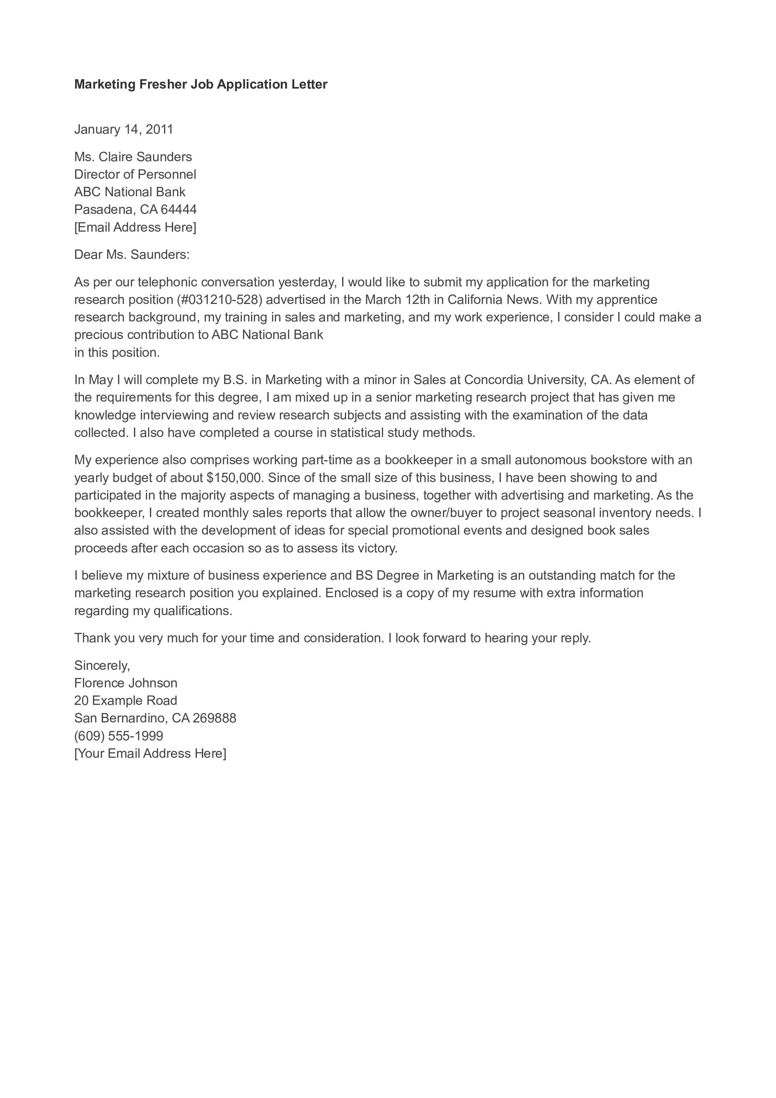 marketing manager job application letter format