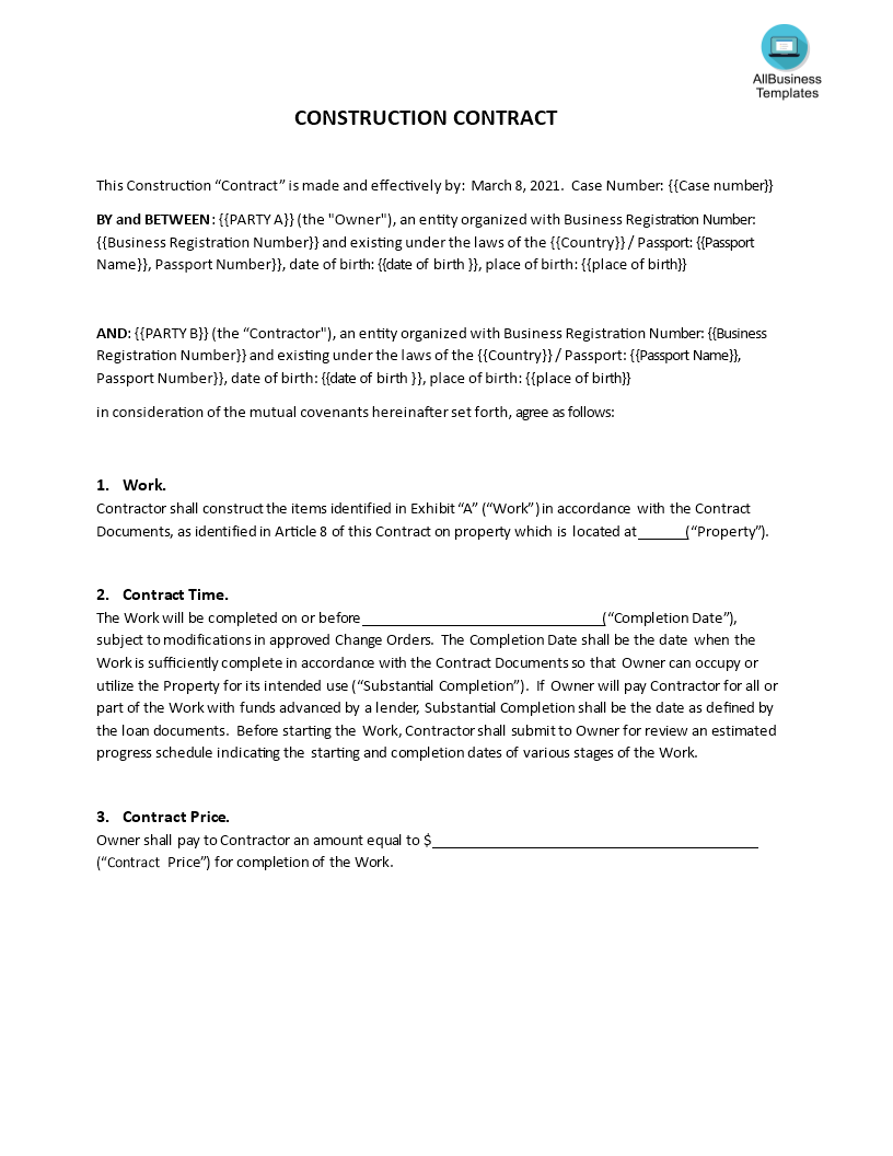 printable construction contract voorbeeld afbeelding 