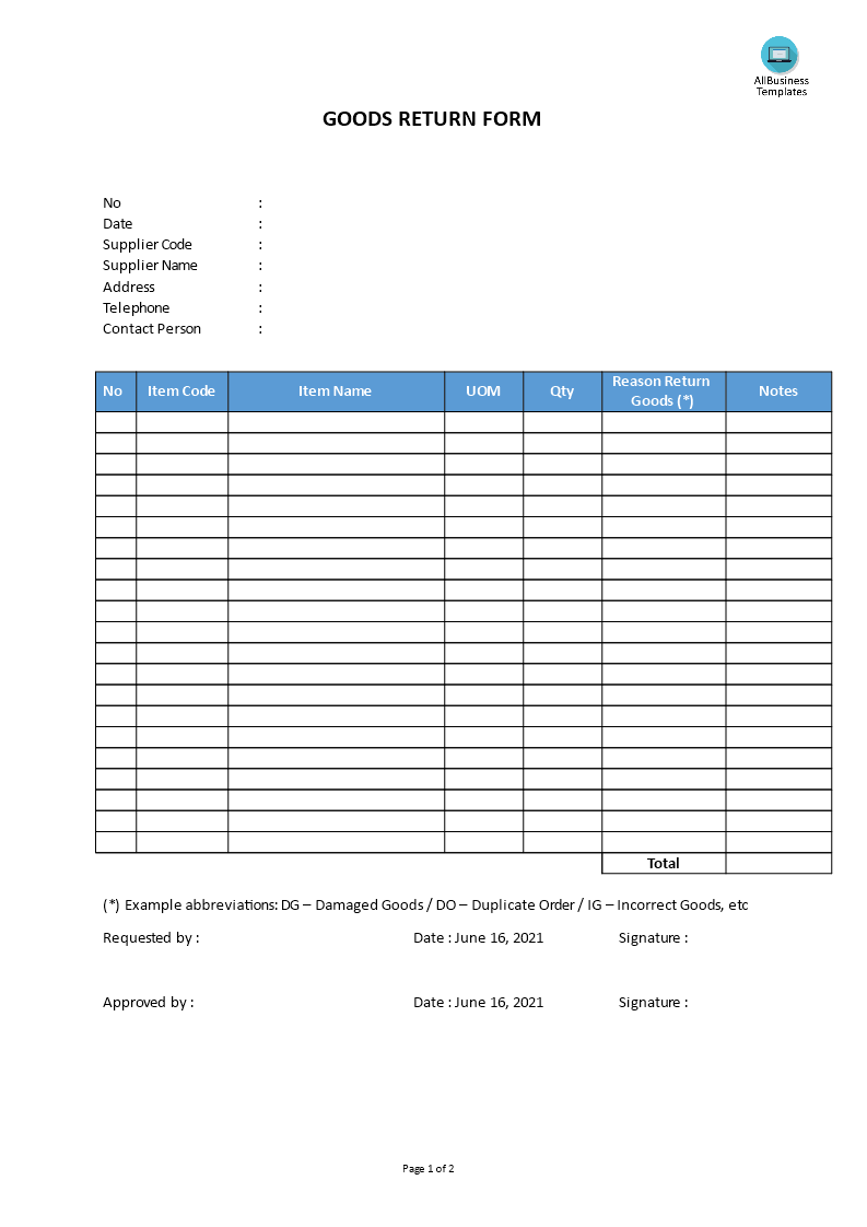 goods return form template template