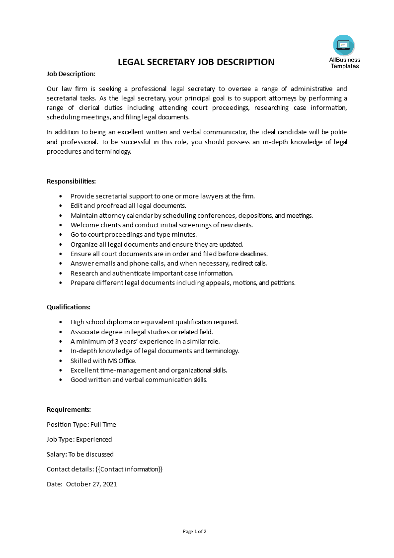 Legal Secretary Job Description main image