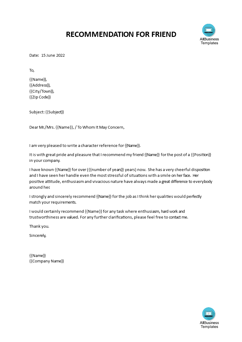 letter template for recommending friend for job voorbeeld afbeelding 