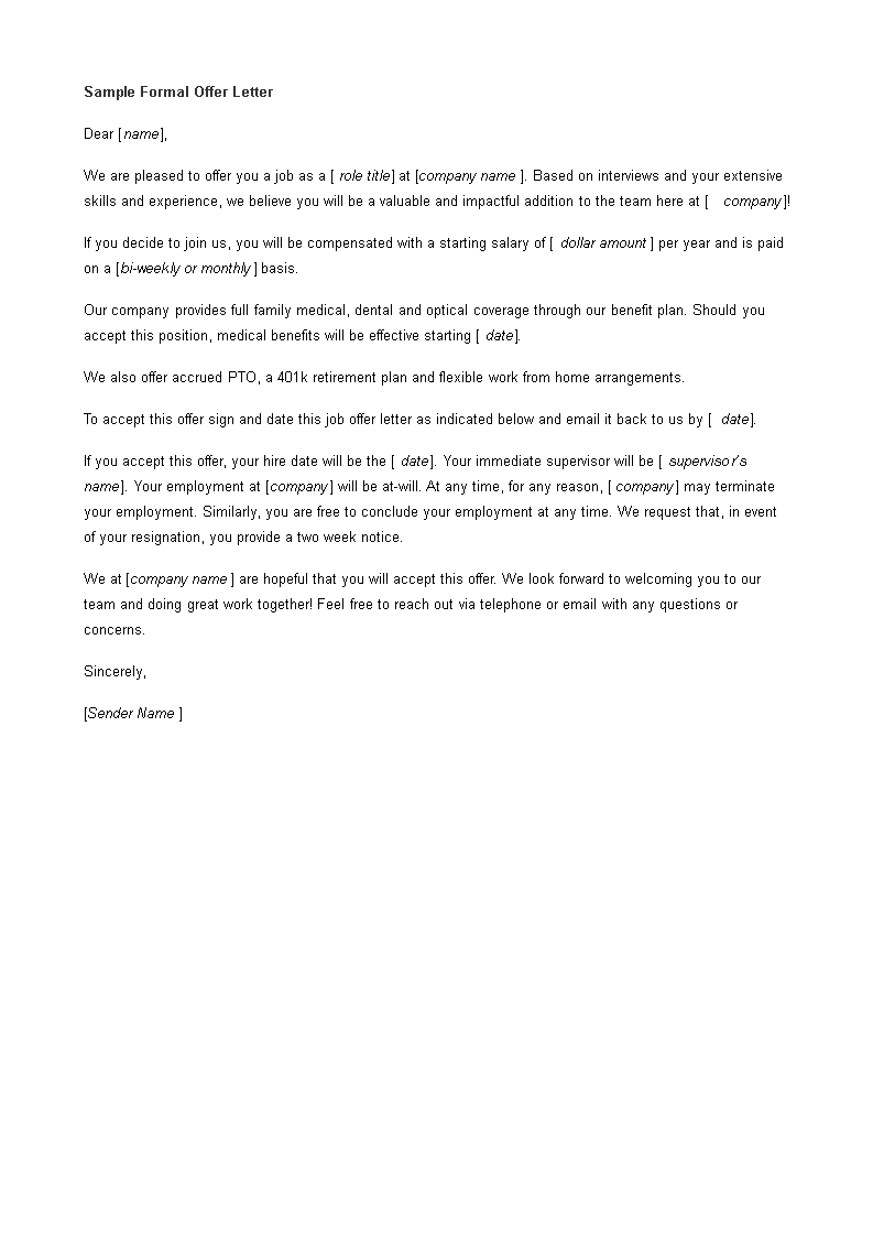 sample formal offer letter template