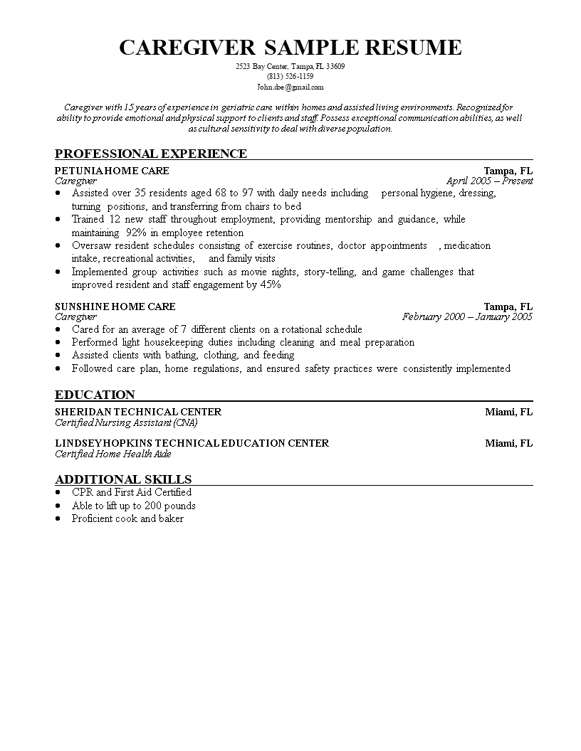 caregiver resume sample modèles