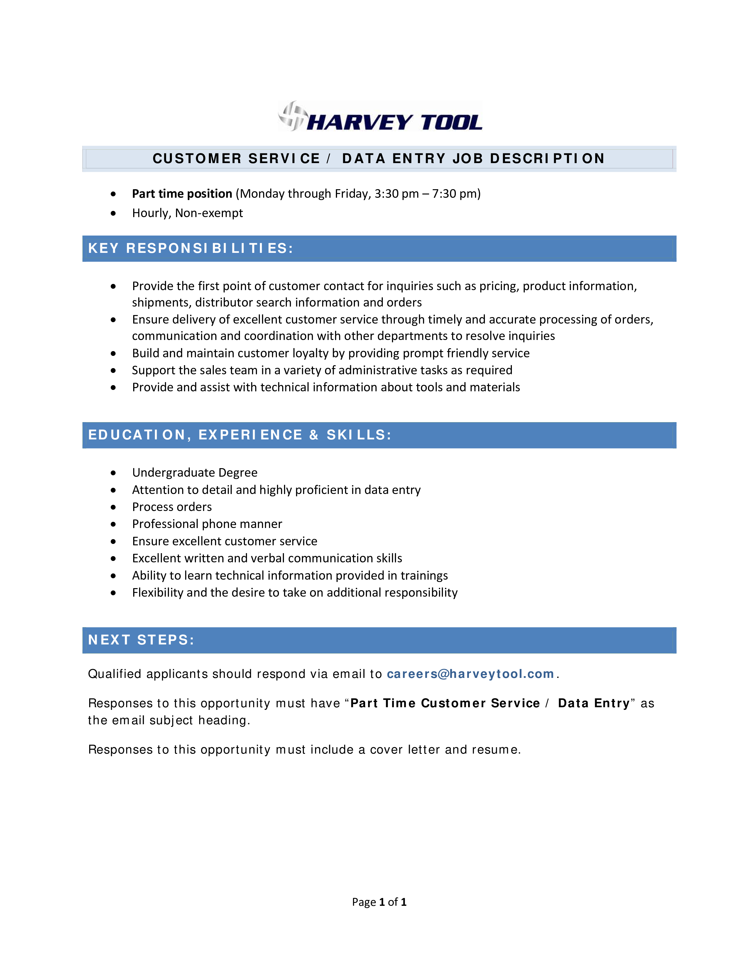 customer service data entry job description modèles