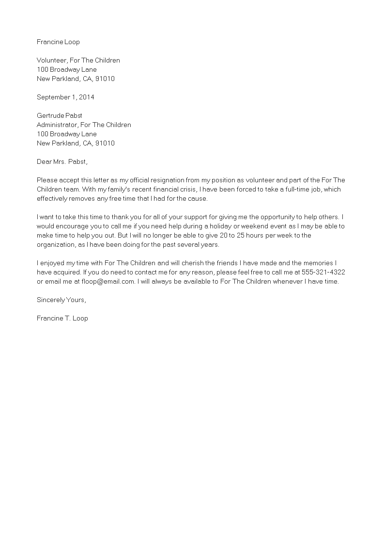 Volunteer Job Resignation Letter main image