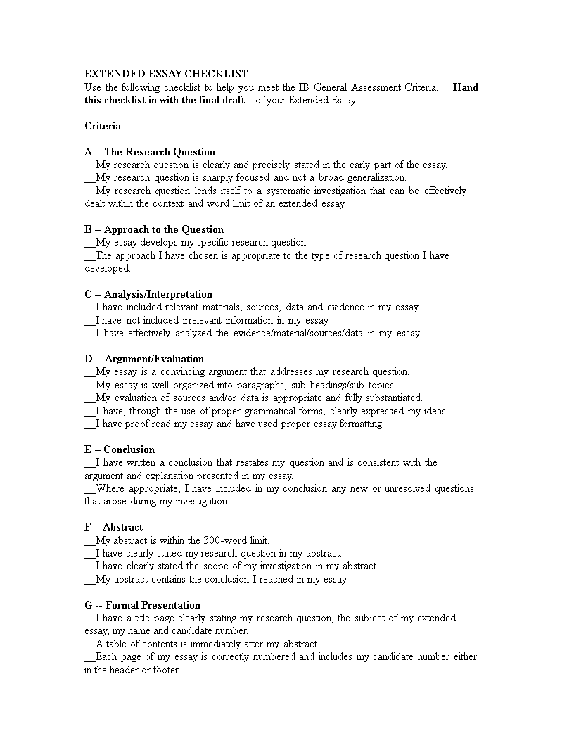 Extended Essay Checklist 模板