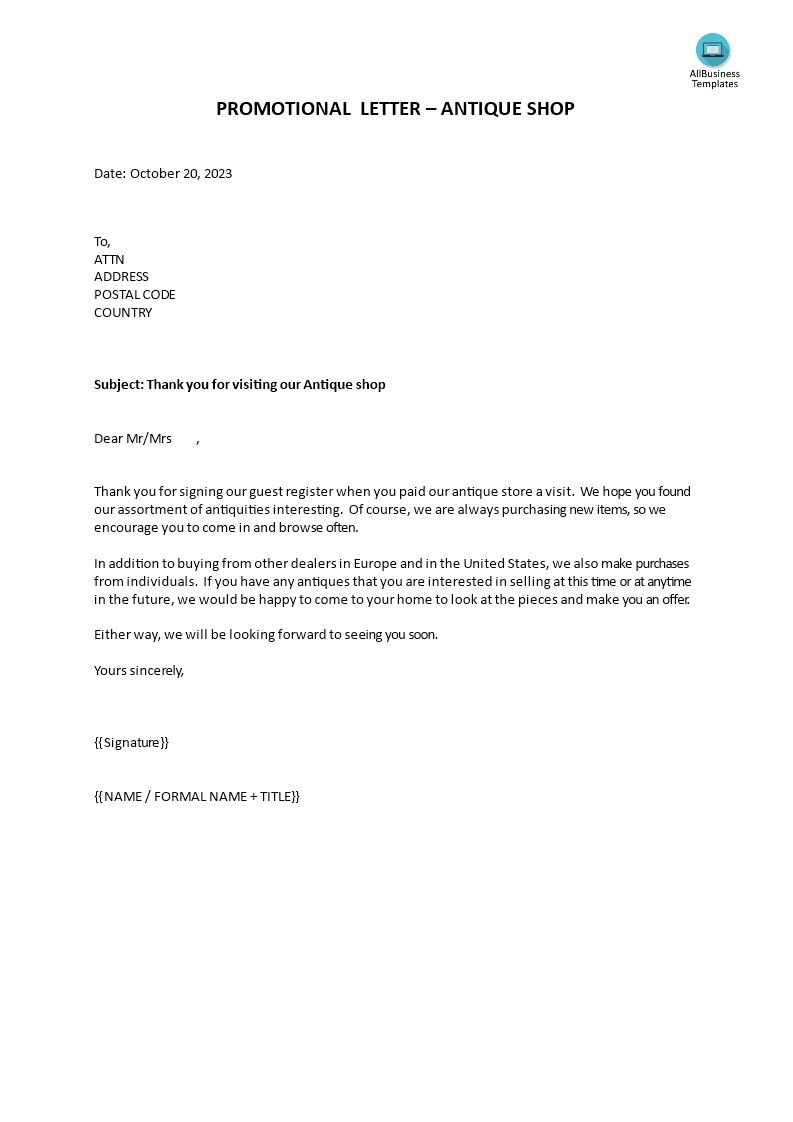 Promotional letter Antique shop | Templates at allbusinesstemplates.com