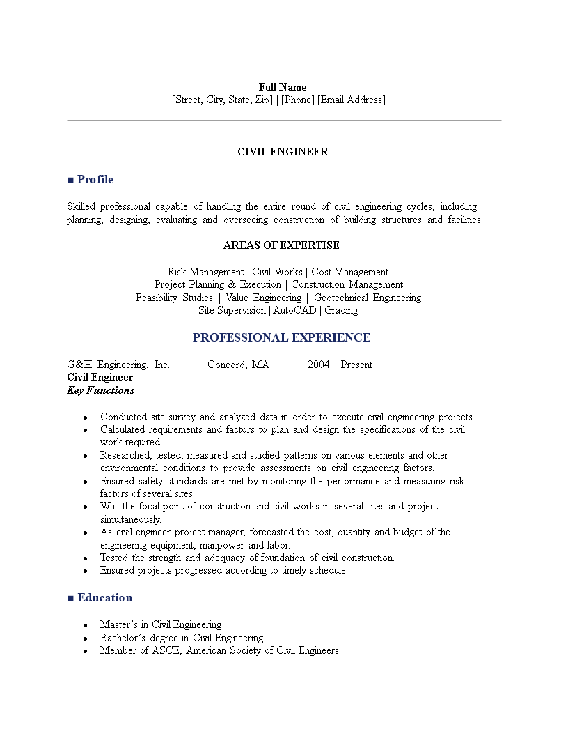 civil construction engineer resume template template