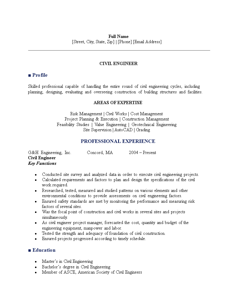 civil construction engineer resume template voorbeeld afbeelding 