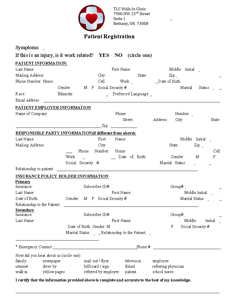 patient registration form template template